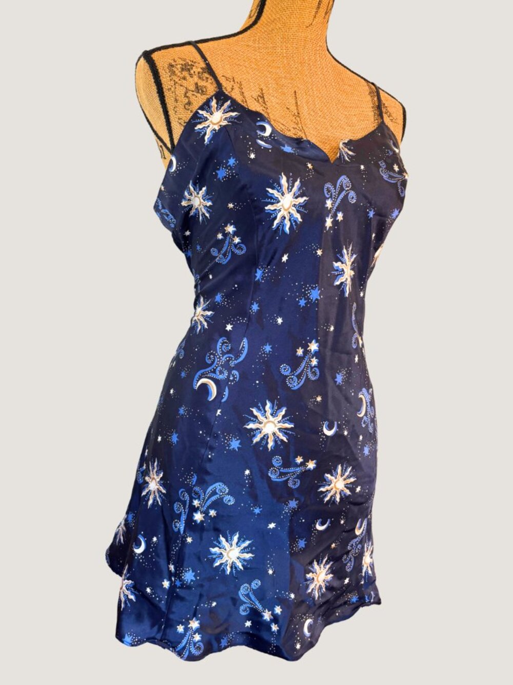 90s Celestial Slip Dress Moon Star Print Satin Lingerie Dress Size L - Picture 3 of 5